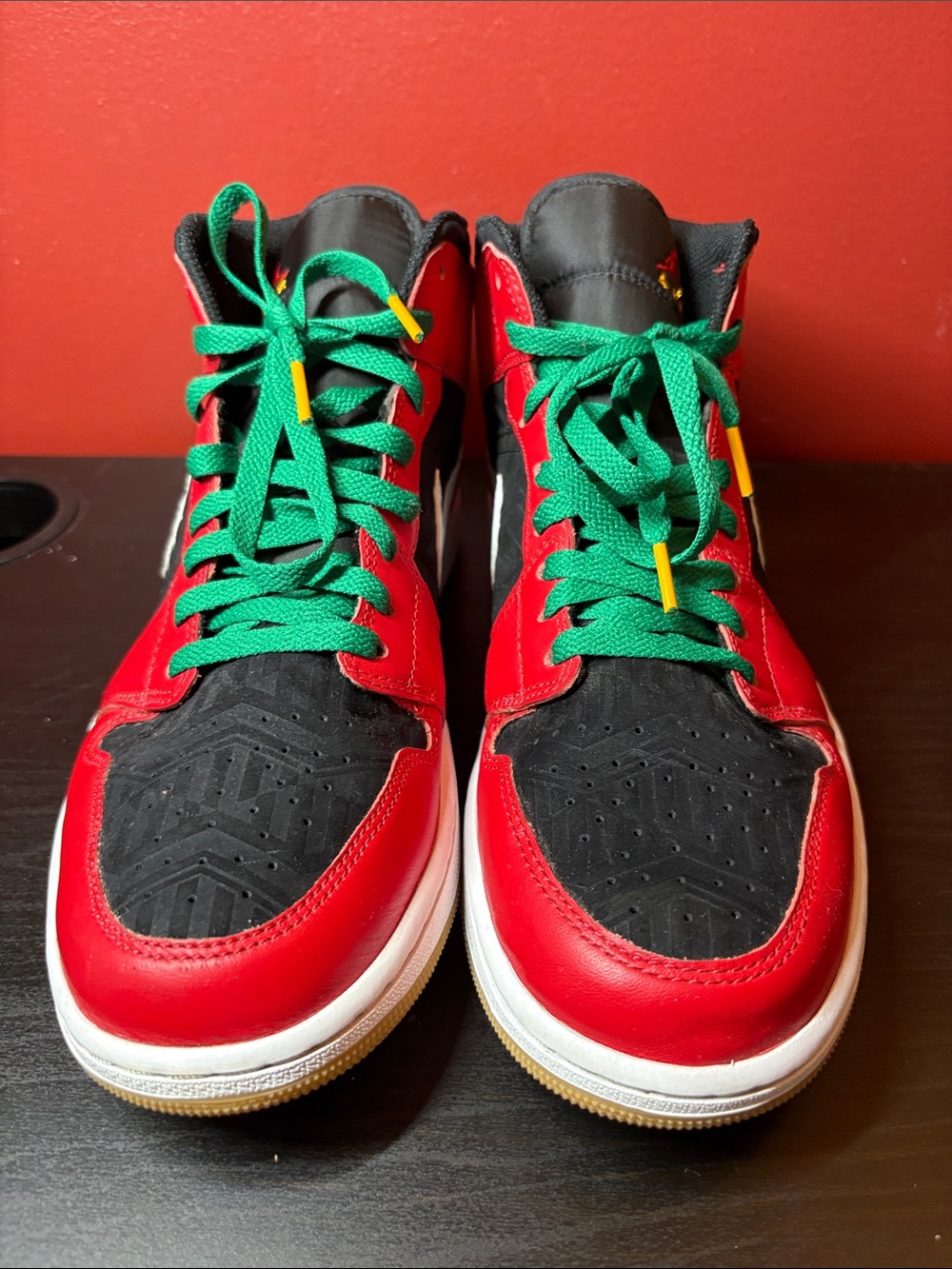 Nike Red and Black High-Top Sneakers with Green Laces
